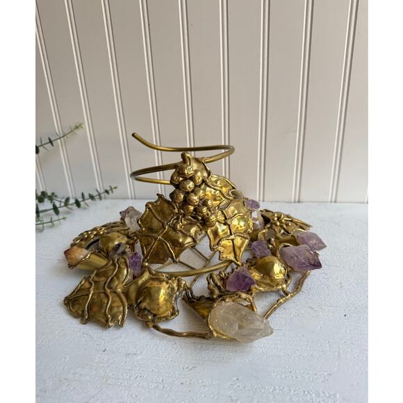 Vintage Handcrafted Brass Wine Bottle Holder | Amethyst & Quartz Gemstone - Picture 11 of 13